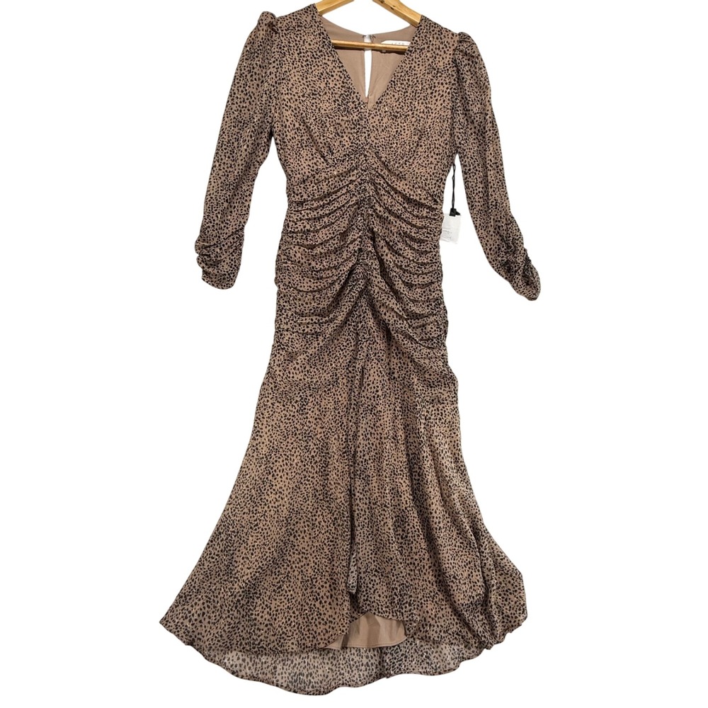 ASTR The Label Dottie Midi Dress Animal Print Ruched Long Sleeve XS‎